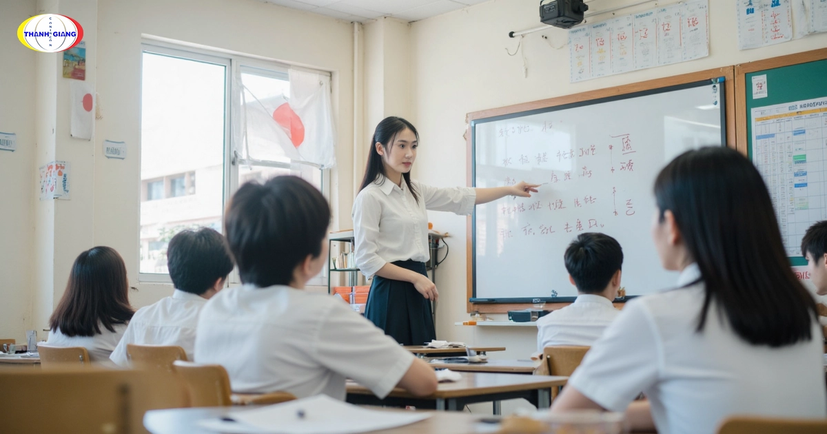 Cô giáo đang giảng bài trong lớp học tiếng Nhật