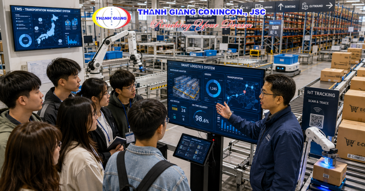 Du học sinh tìm hiểu công nghệ logistics hiện đại trong trung tâm vận hành tại Nhật Bản