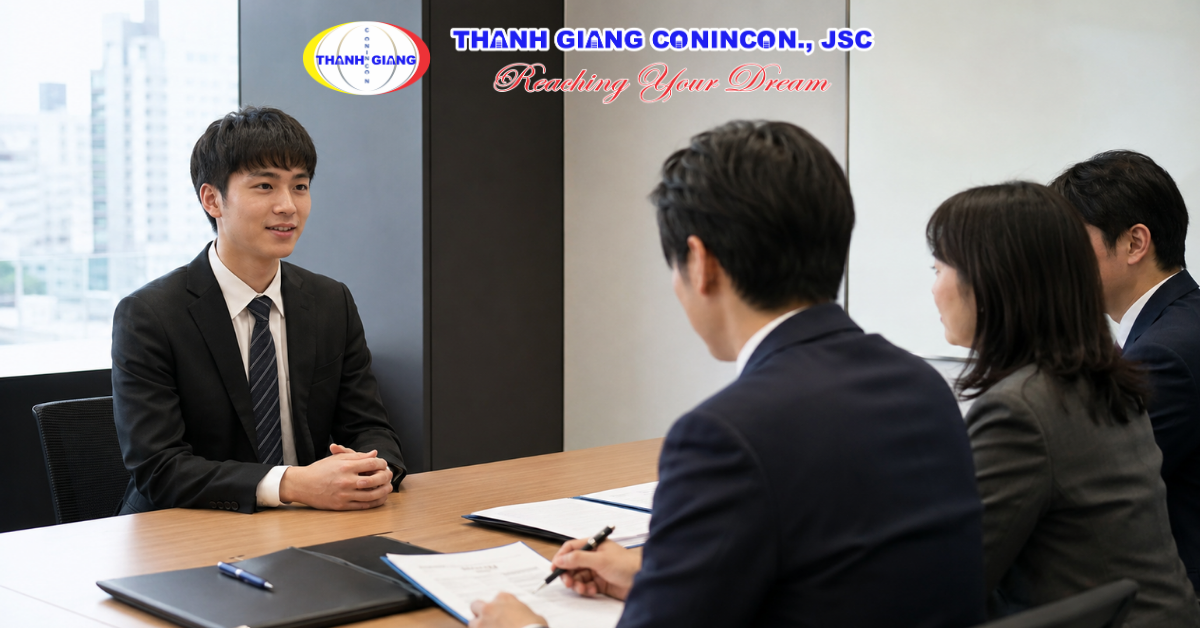Du học sinh tự tin trình bày phần giới thiệu bản thân trước nhà tuyển dụng Nhật Bản