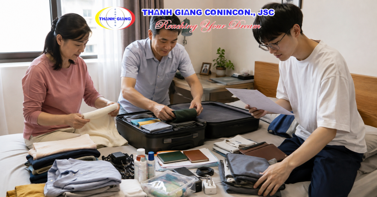 Gia đình cùng du học sinh chuẩn bị hành lý trước ngày sang Nhật
