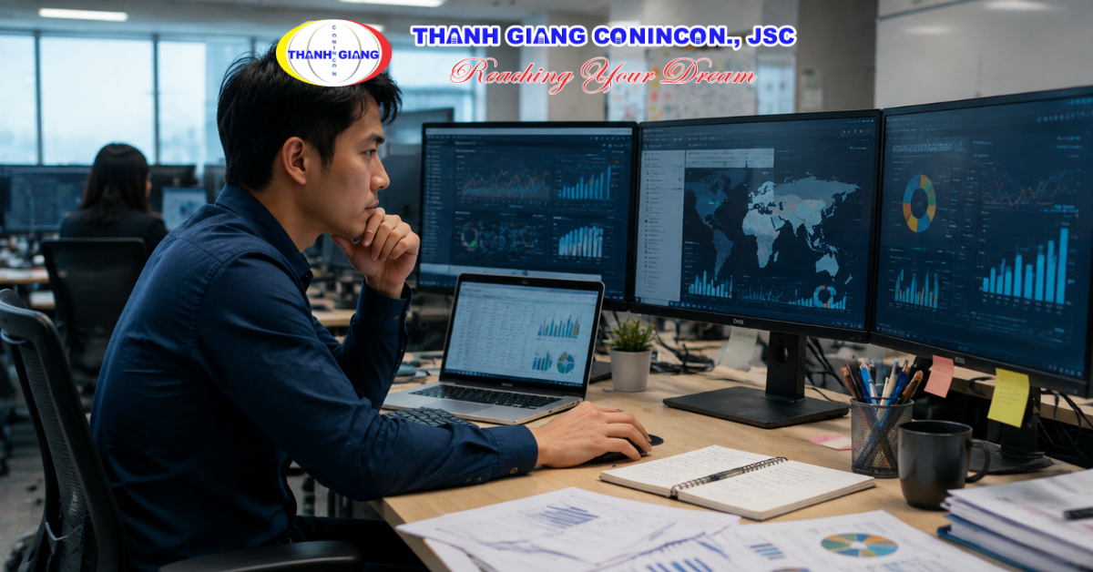 Nhân viên Data Analyst phân tích dữ liệu đang làm việc trong văn phòng