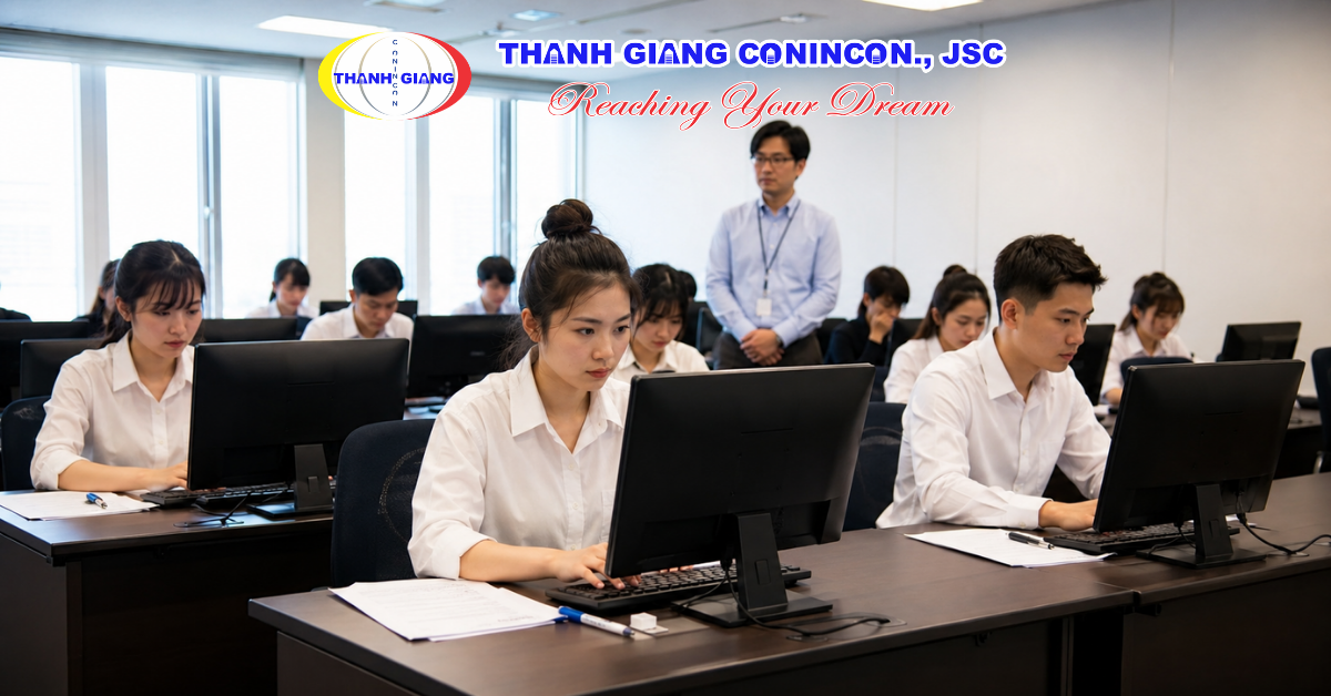 Nhóm du học sinh tham gia bài thi tuyển dụng tại doanh nghiệp Nhật Bản